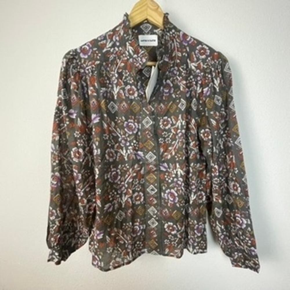 ANTIK BATIK Flora Blouse Brown Floral Motif Long Sleeve‎ V Neck Women's XS